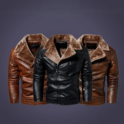 Leather Style men's coat with fur collar