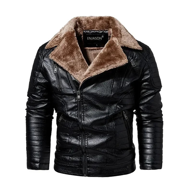 Leather Style men's coat with fur collar