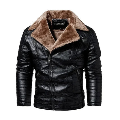 Leather Style men's coat with fur collar