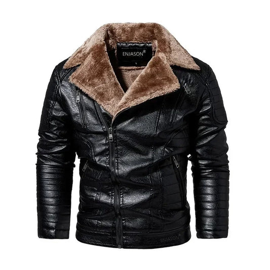 Leather Style men's coat with fur collar