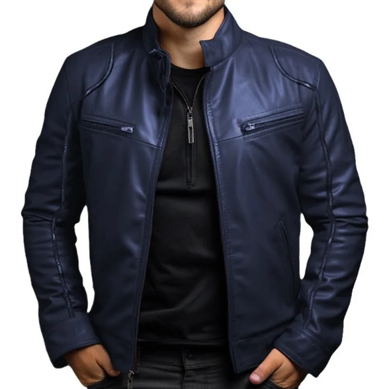 Leather Style men's jacket with stand-up collar