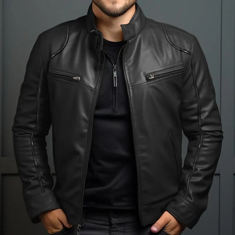Leather Style men's jacket with stand-up collar