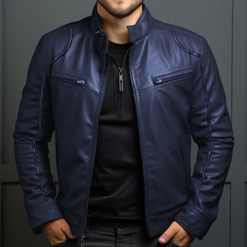 Leather Style men's jacket with stand-up collar
