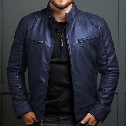 Leather Style men's jacket with stand-up collar