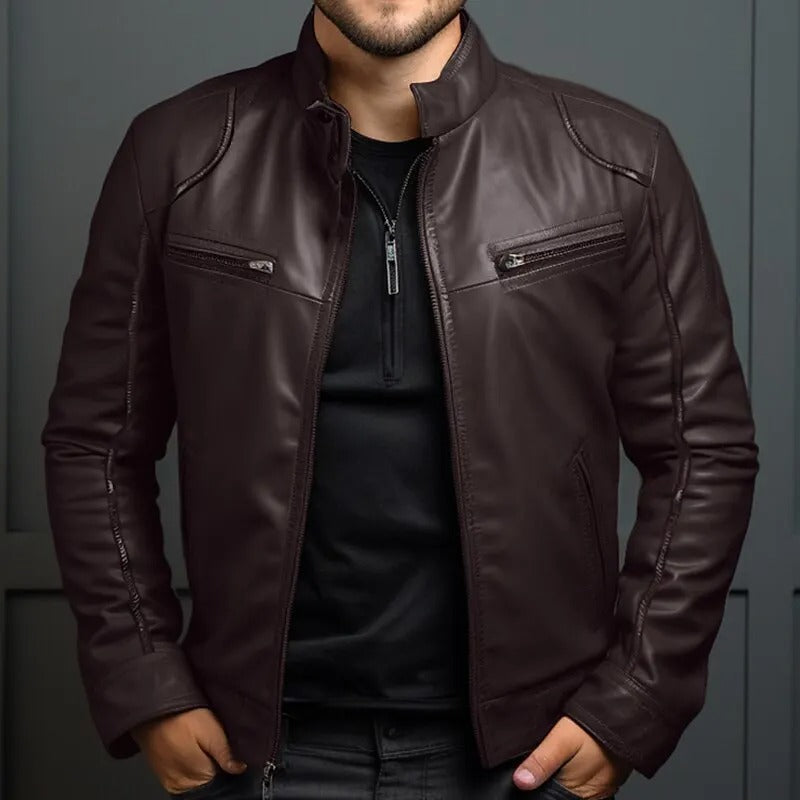 Leather Style men's jacket with stand-up collar
