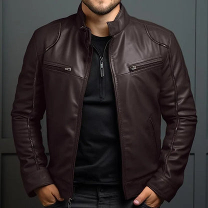 Leather Style men's jacket with stand-up collar