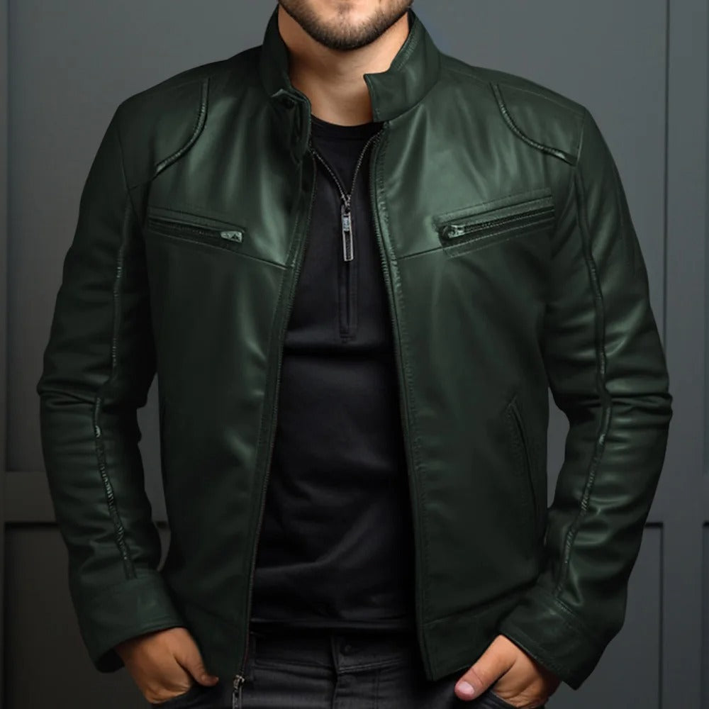 Leather Style men's jacket with stand-up collar