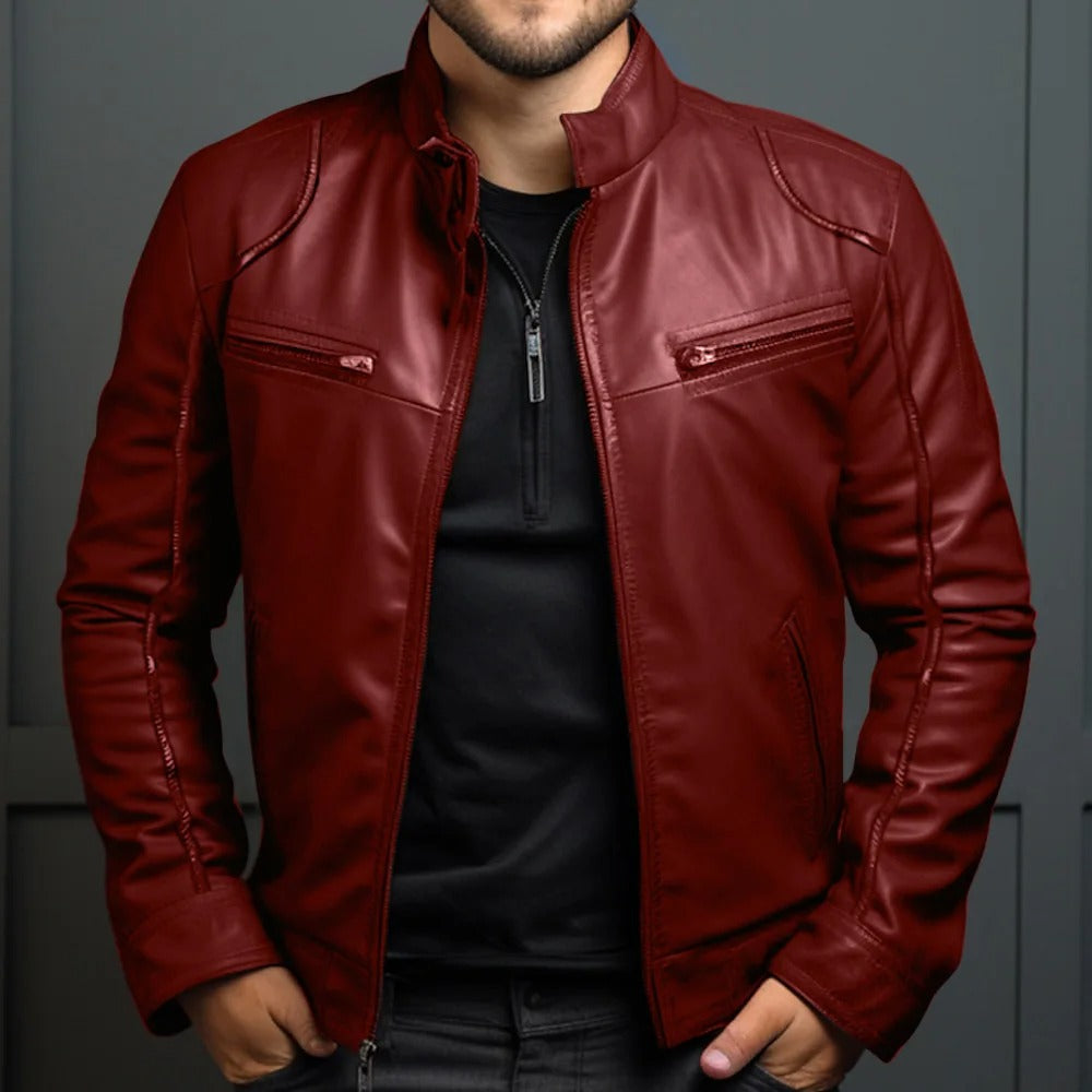 Leather Style men's jacket with stand-up collar