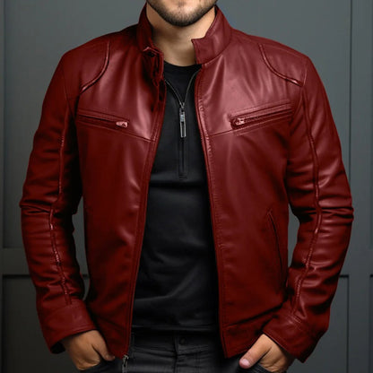 Leather Style men's jacket with stand-up collar