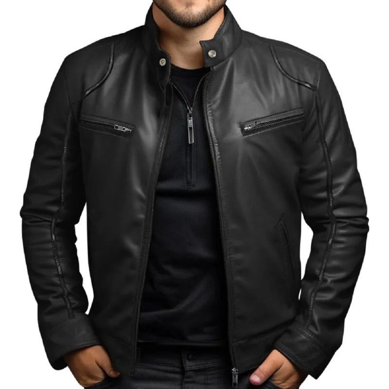 Leather Style men's jacket with stand-up collar