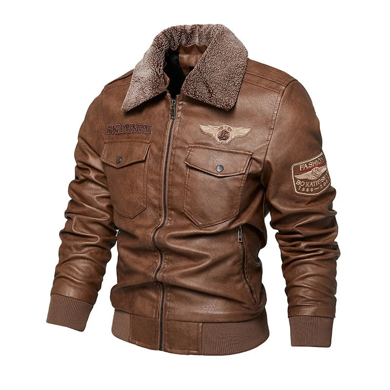 Leather style Casual warm biker jacket winter jacket for men