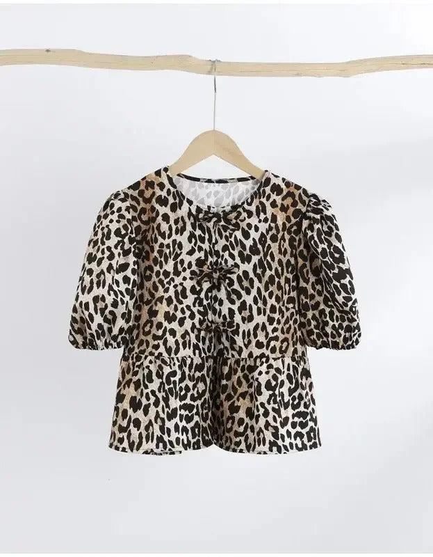 Leopard print blouse with puff sleeves