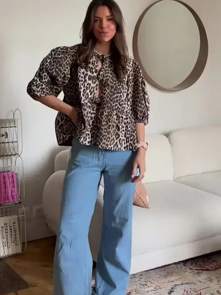 Leopard print blouse with puff sleeves