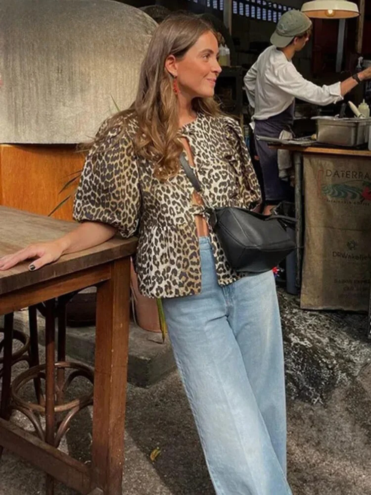Leopard print blouse with puff sleeves