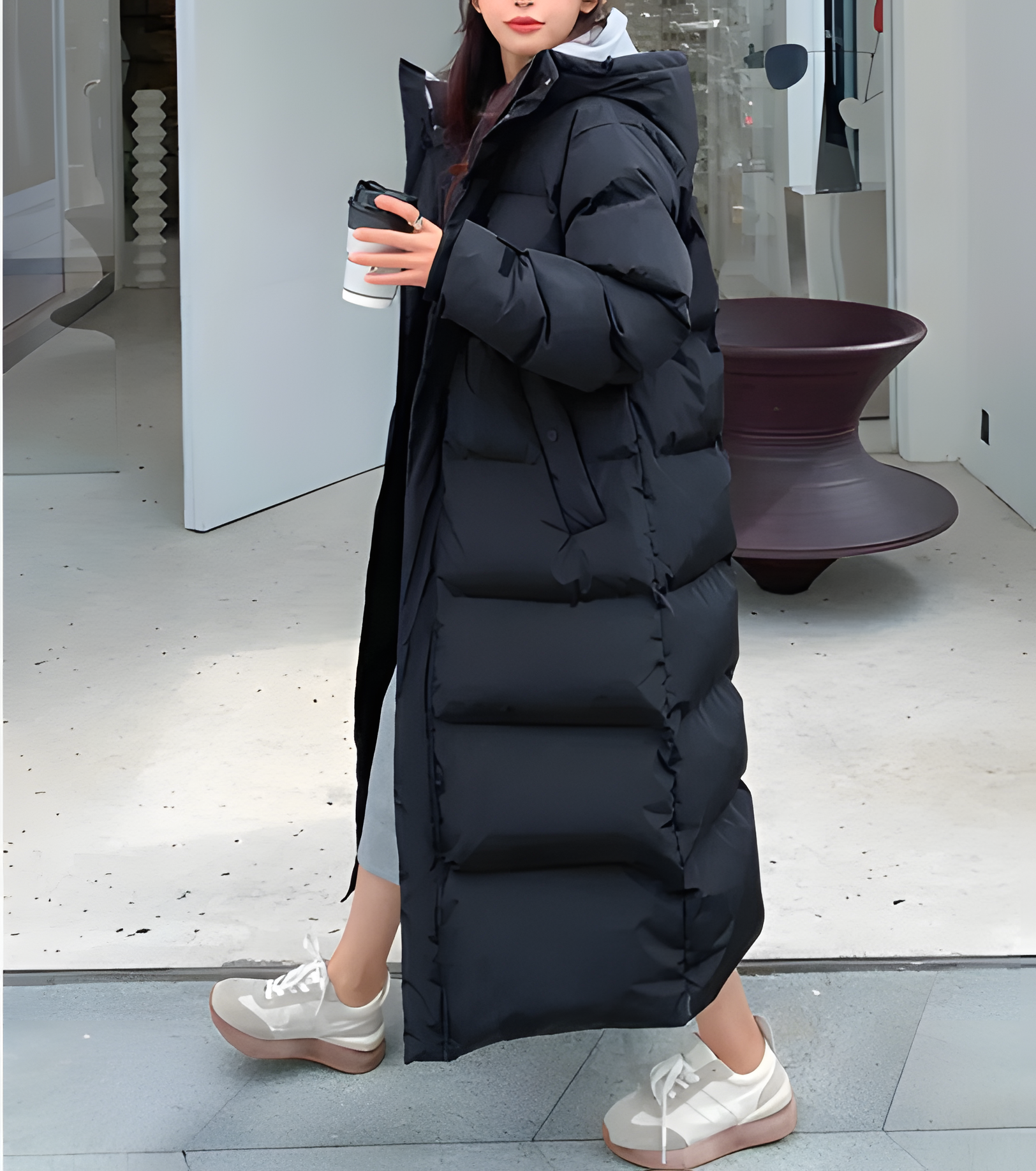 Long Down Jacket for Women with High Collar and Hood