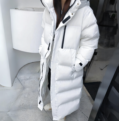 Long Down Jacket for Women with High Collar and Hood