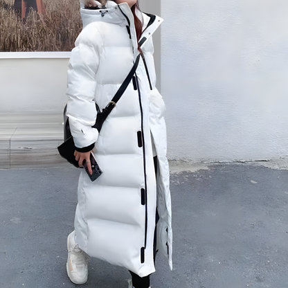 Long Down Jacket for Women with High Collar and Hood