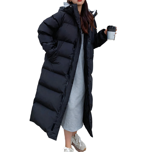 Long Down Jacket for Women with High Collar and Hood