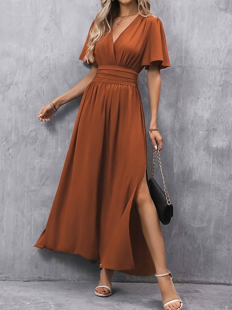 Long Dress Ladies Pleated Waist Elegant Ruche Collar Soft Fabric