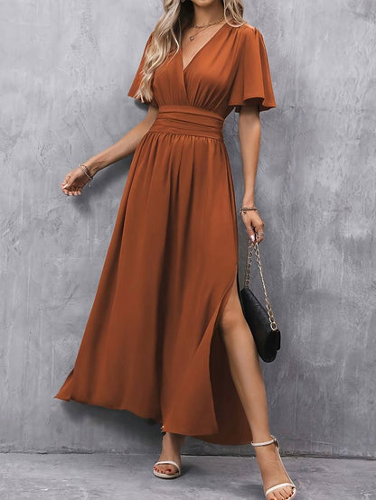 Long Dress Ladies Pleated Waist Elegant Ruche Collar Soft Fabric