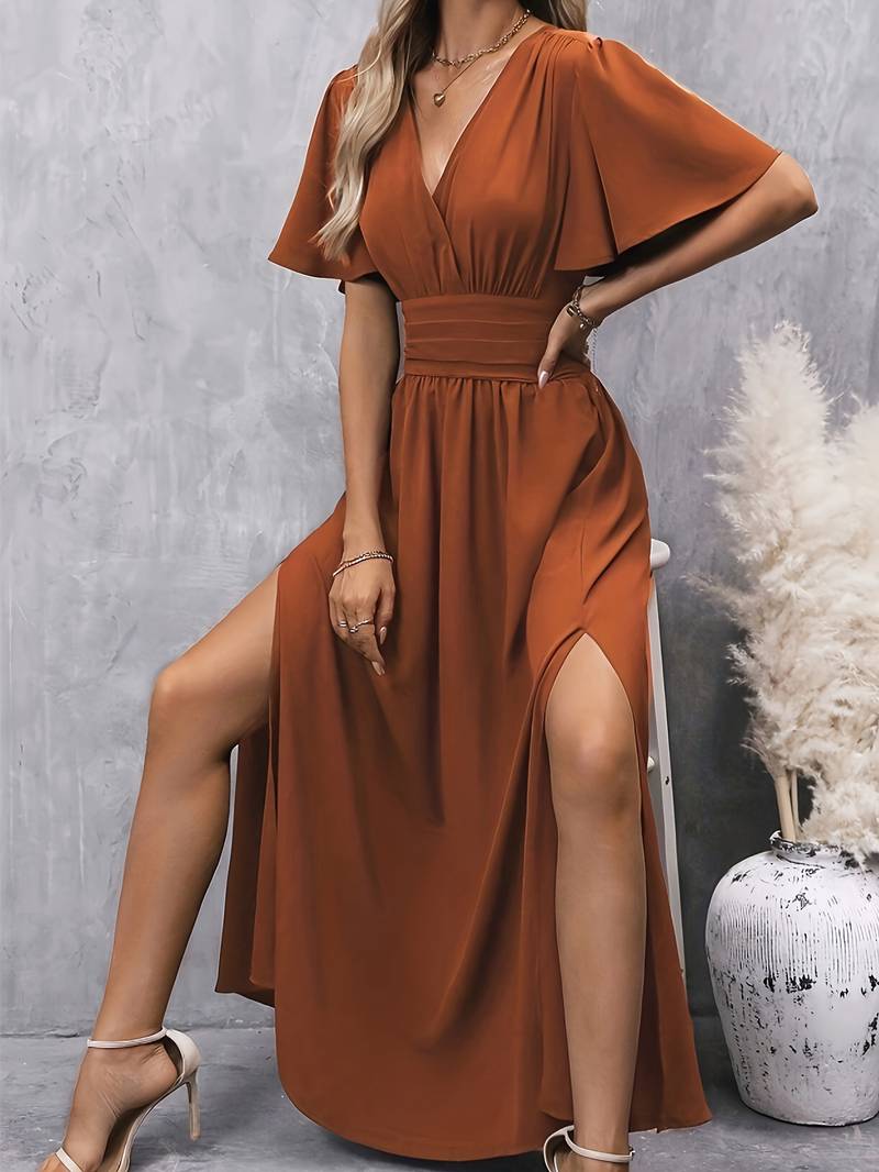 Long Dress Ladies Pleated Waist Elegant Ruche Collar Soft Fabric