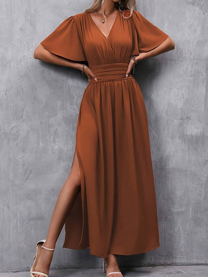 Long Dress Ladies Pleated Waist Elegant Ruche Collar Soft Fabric