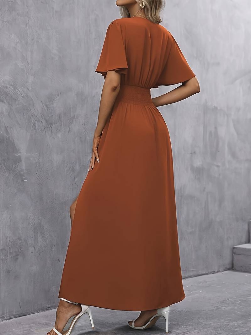 Long Dress Ladies Pleated Waist Elegant Ruche Collar Soft Fabric
