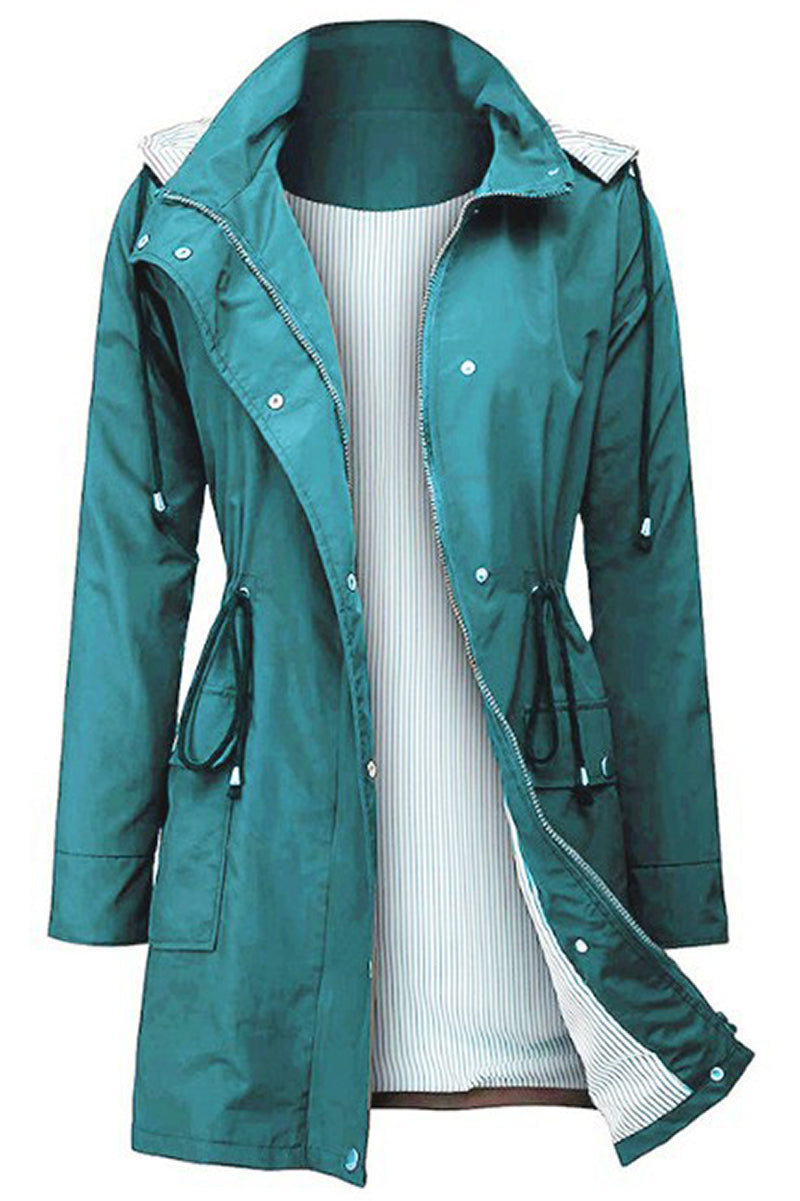 Long Women's Waterproof Jacket With Hood And Adjustable Drawstring