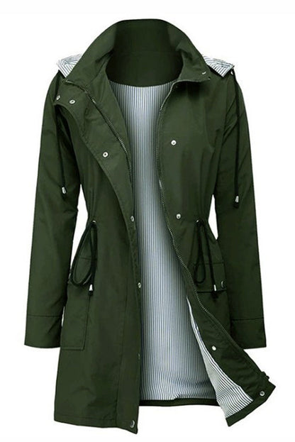 Long Women's Waterproof Jacket With Hood And Adjustable Drawstring