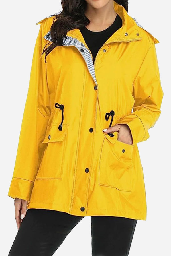 Long Women's Waterproof Jacket With Hood And Adjustable Drawstring