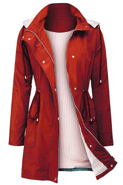 Long Women's Waterproof Jacket With Hood And Adjustable Drawstring