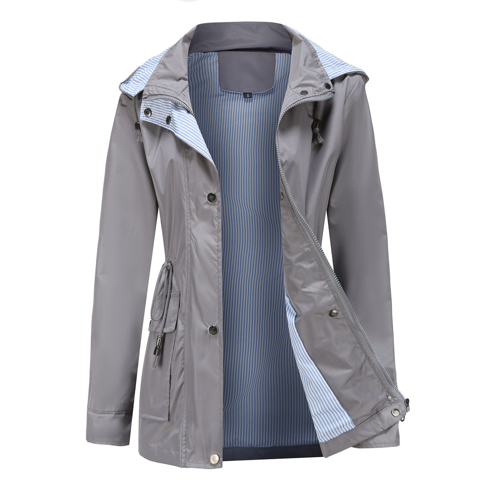 Long Women's Waterproof Jacket With Hood And Adjustable Drawstring