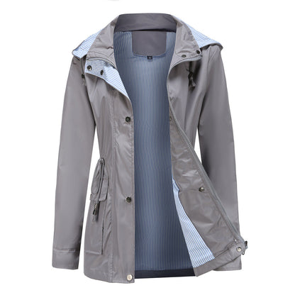 Long Women's Waterproof Jacket With Hood And Adjustable Drawstring