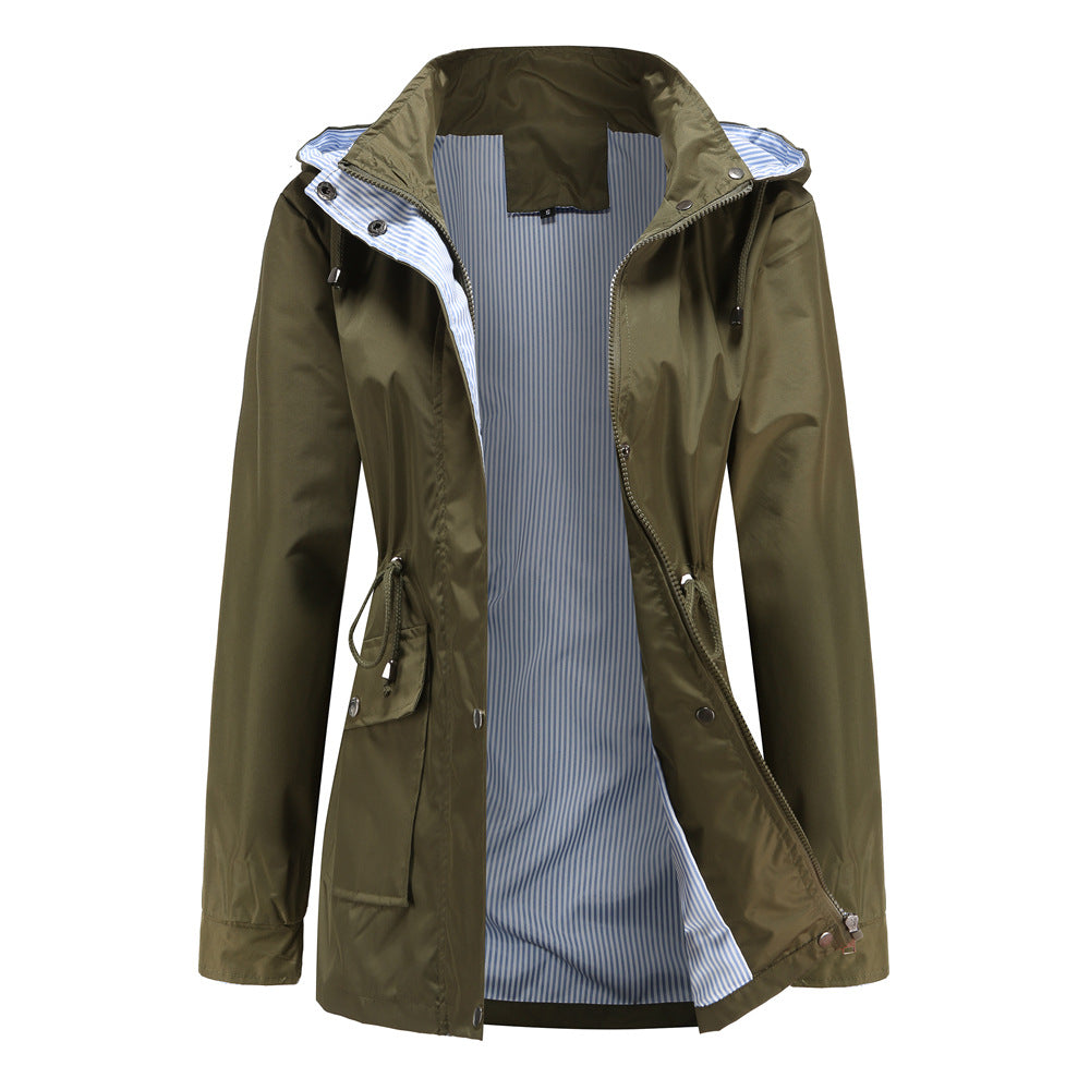 Long Women's Waterproof Jacket With Hood And Adjustable Drawstring