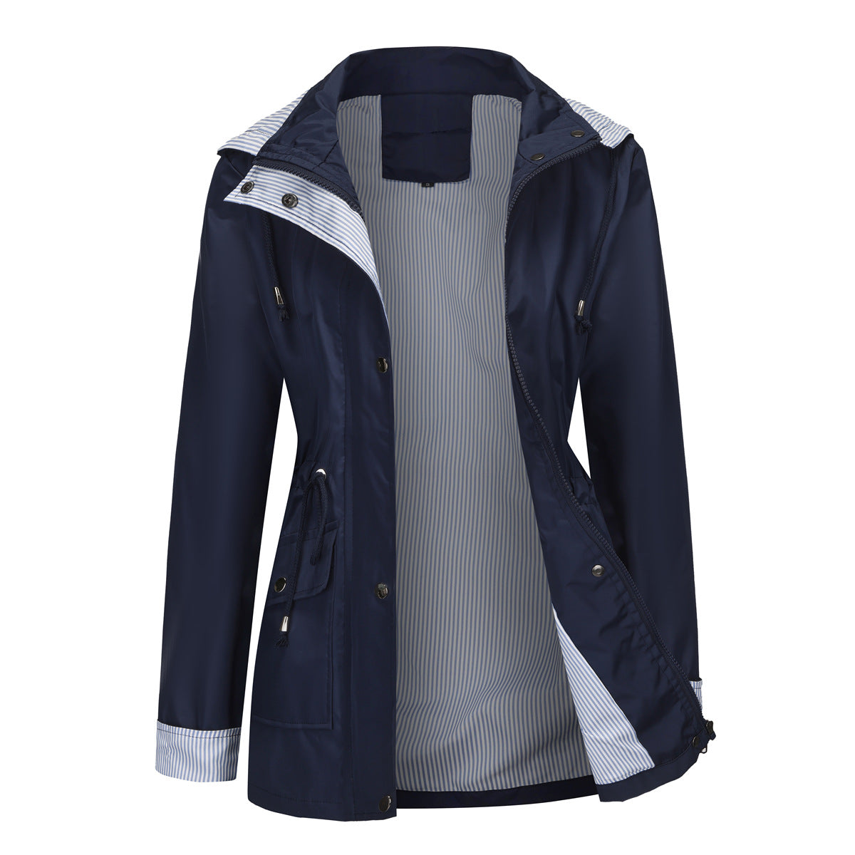 Long Women's Waterproof Jacket With Hood And Adjustable Drawstring