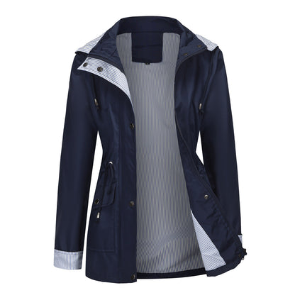Long Women's Waterproof Jacket With Hood And Adjustable Drawstring