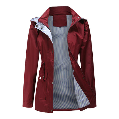 Long Women's Waterproof Jacket With Hood And Adjustable Drawstring