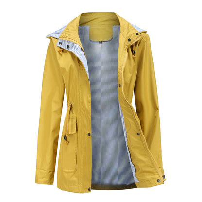 Long Women's Waterproof Jacket With Hood And Adjustable Drawstring