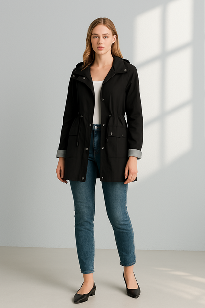 Long Women's Waterproof Jacket With Hood And Adjustable Drawstring