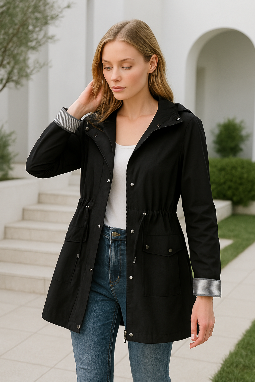 Long Women's Waterproof Jacket With Hood And Adjustable Drawstring
