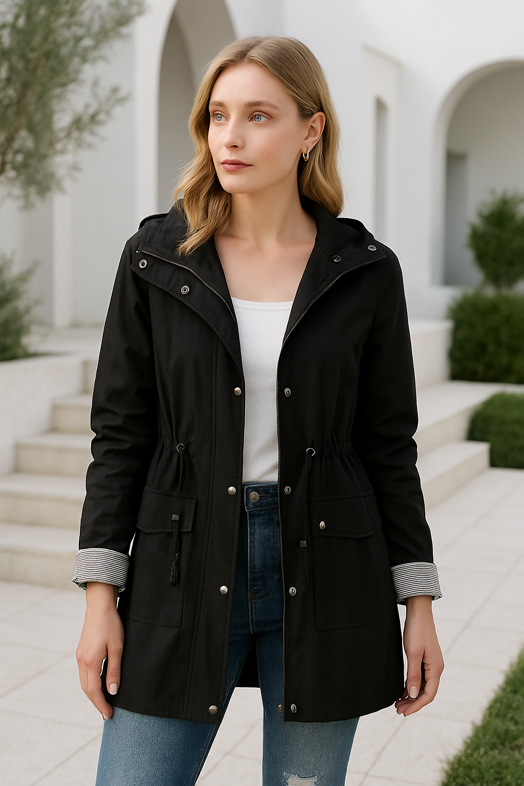 Long Women's Waterproof Jacket With Hood And Adjustable Drawstring