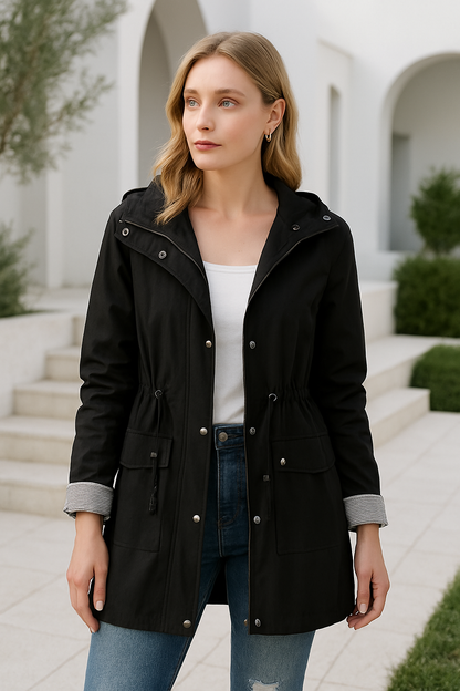 Long Women's Waterproof Jacket With Hood And Adjustable Drawstring