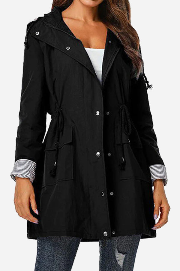 Long Women's Waterproof Jacket With Hood And Adjustable Drawstring