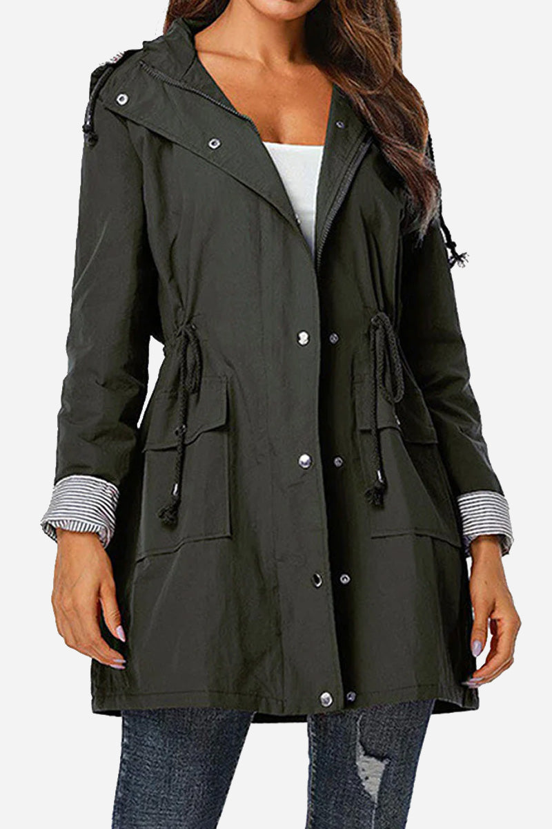 Long Women's Waterproof Jacket With Hood And Adjustable Drawstring