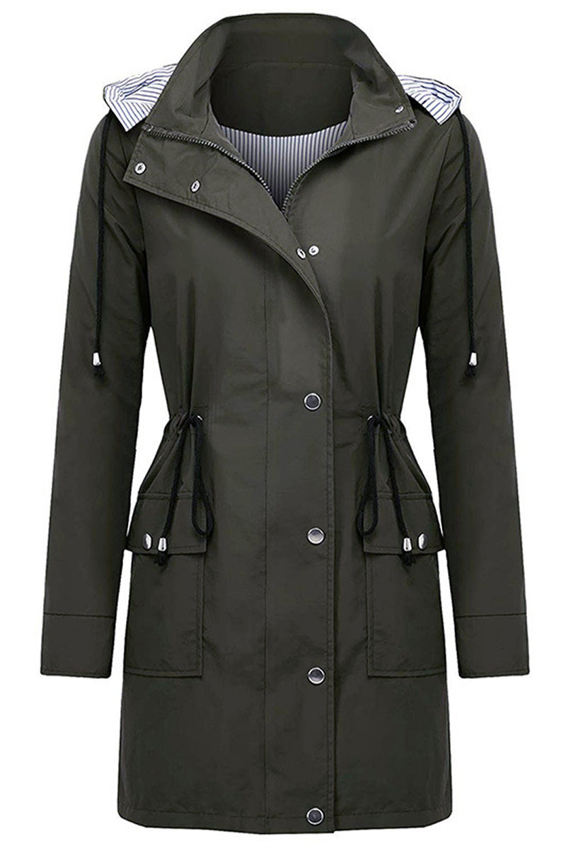 Long Women's Waterproof Jacket With Hood And Adjustable Drawstring