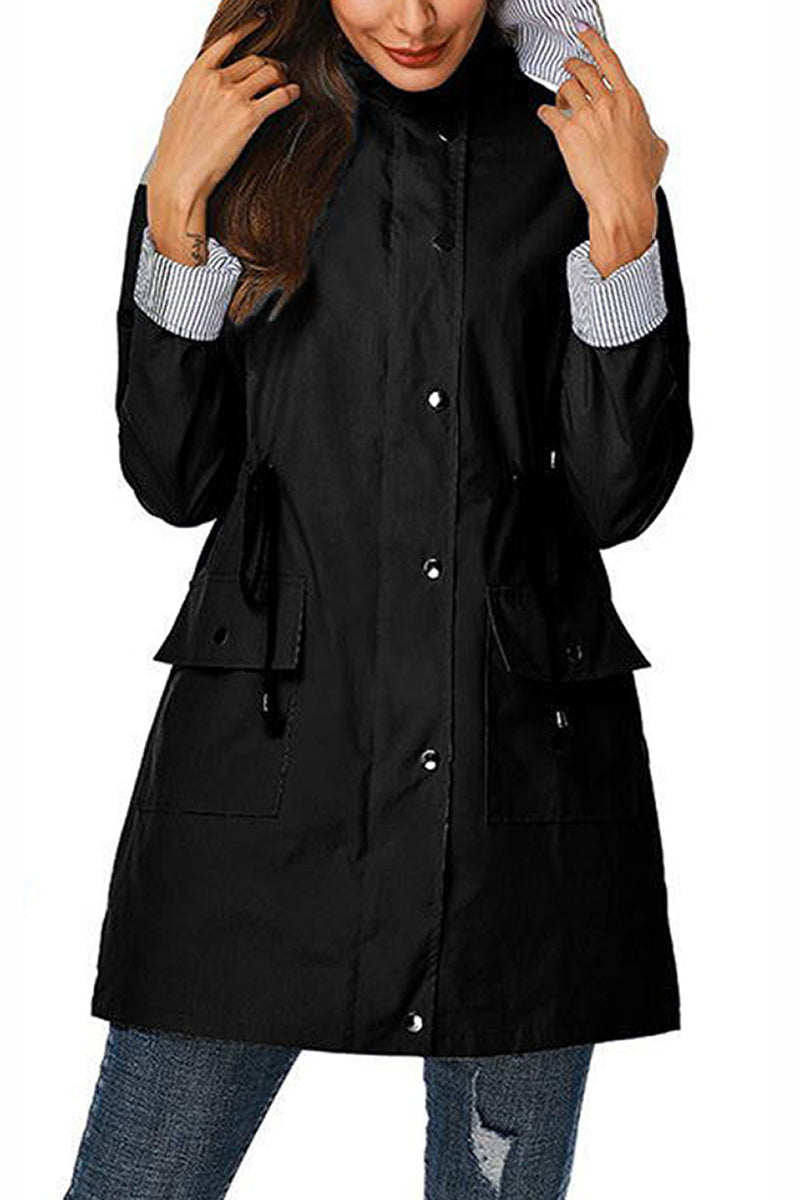 Long Women's Waterproof Jacket With Hood And Adjustable Drawstring