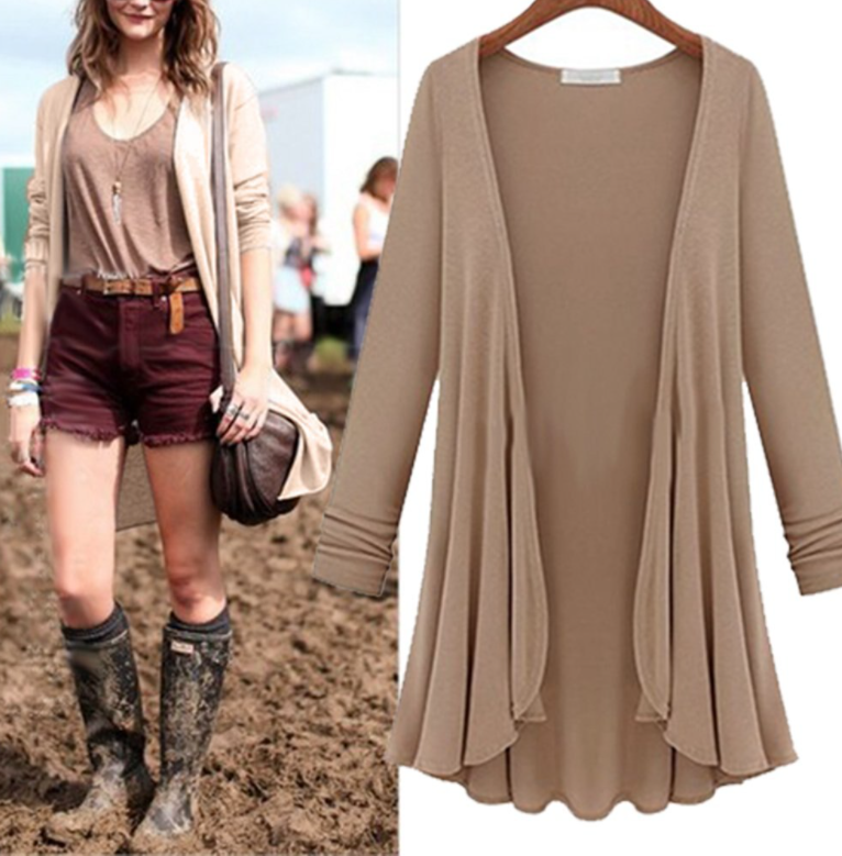 Long-sleeved casual cardigan with ruffles