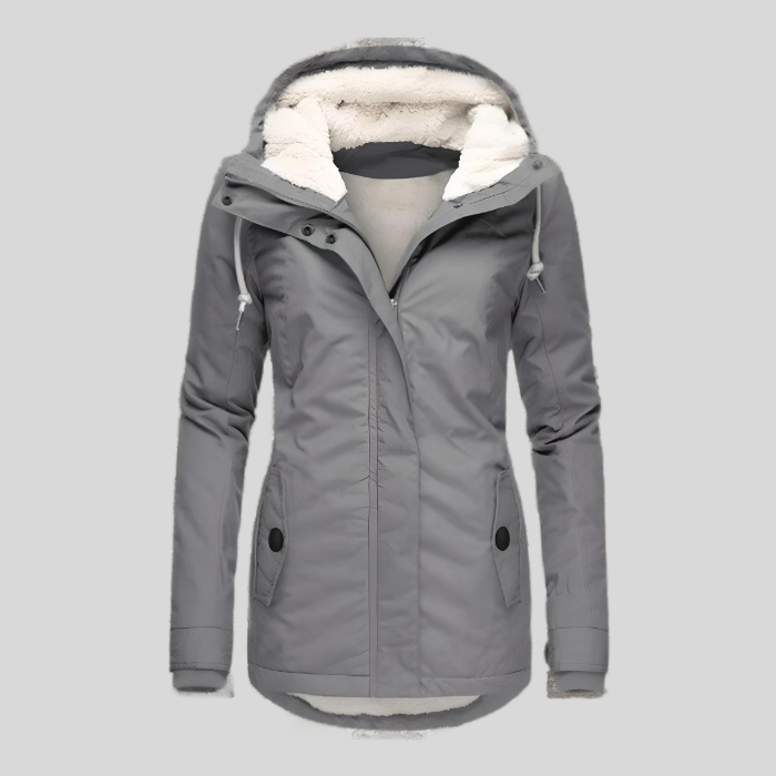Long winter coat with hood and fleece lining