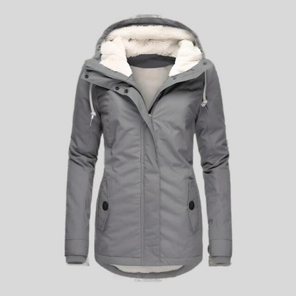 Long winter coat with hood and fleece lining