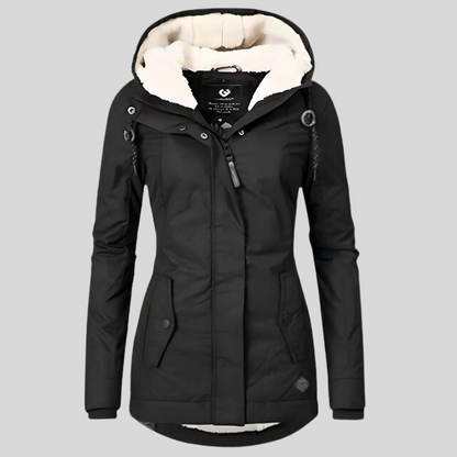 Long winter coat with hood and fleece lining